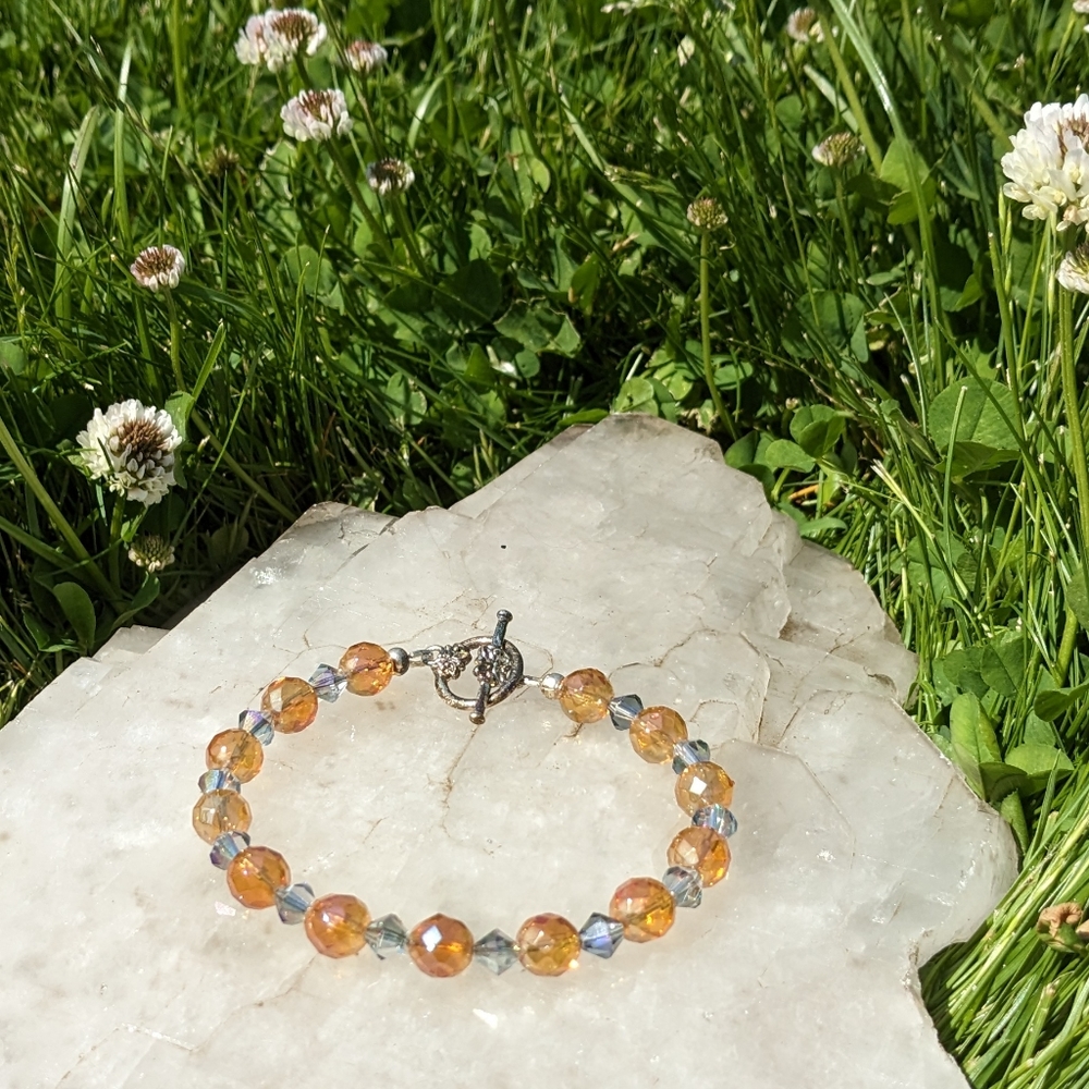 Handmade Faceted Tangerine Aura Quartz and Light Blue Bicone Bracelet - 7 1/4"